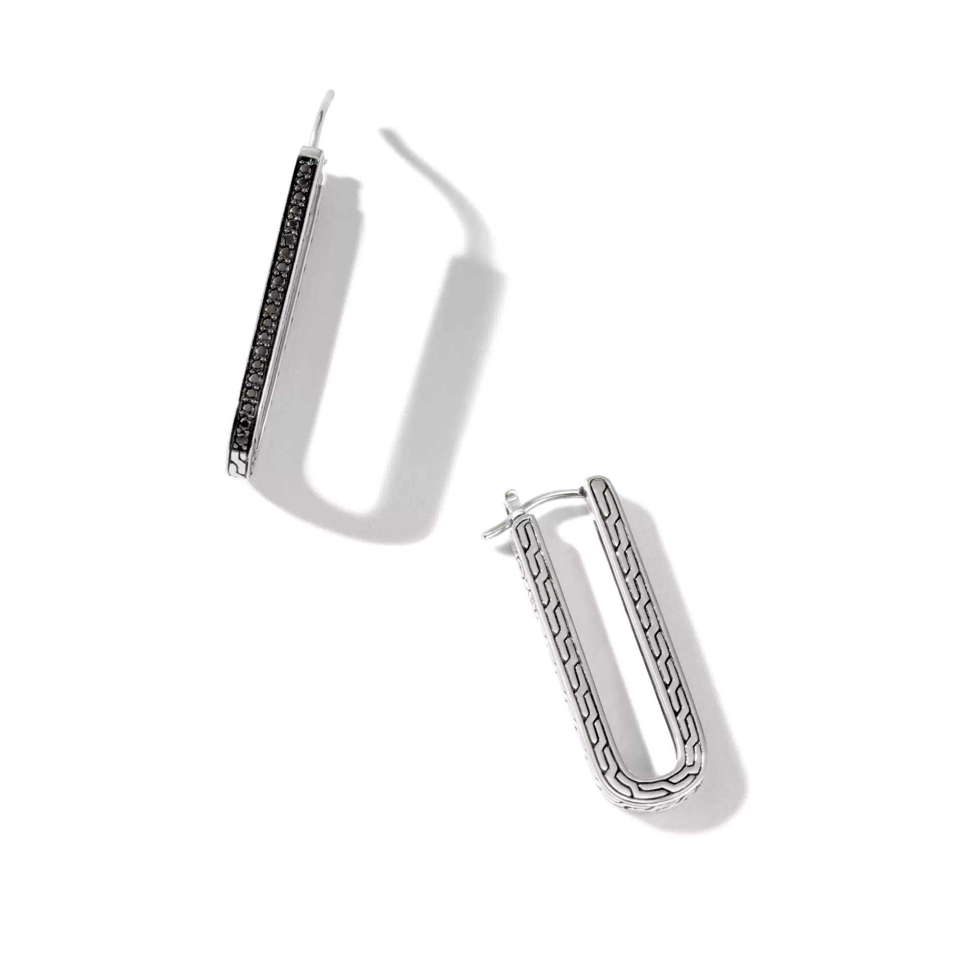 Fashion John Hardy Carved Chain Hoop Earrings, Silver, Pavé