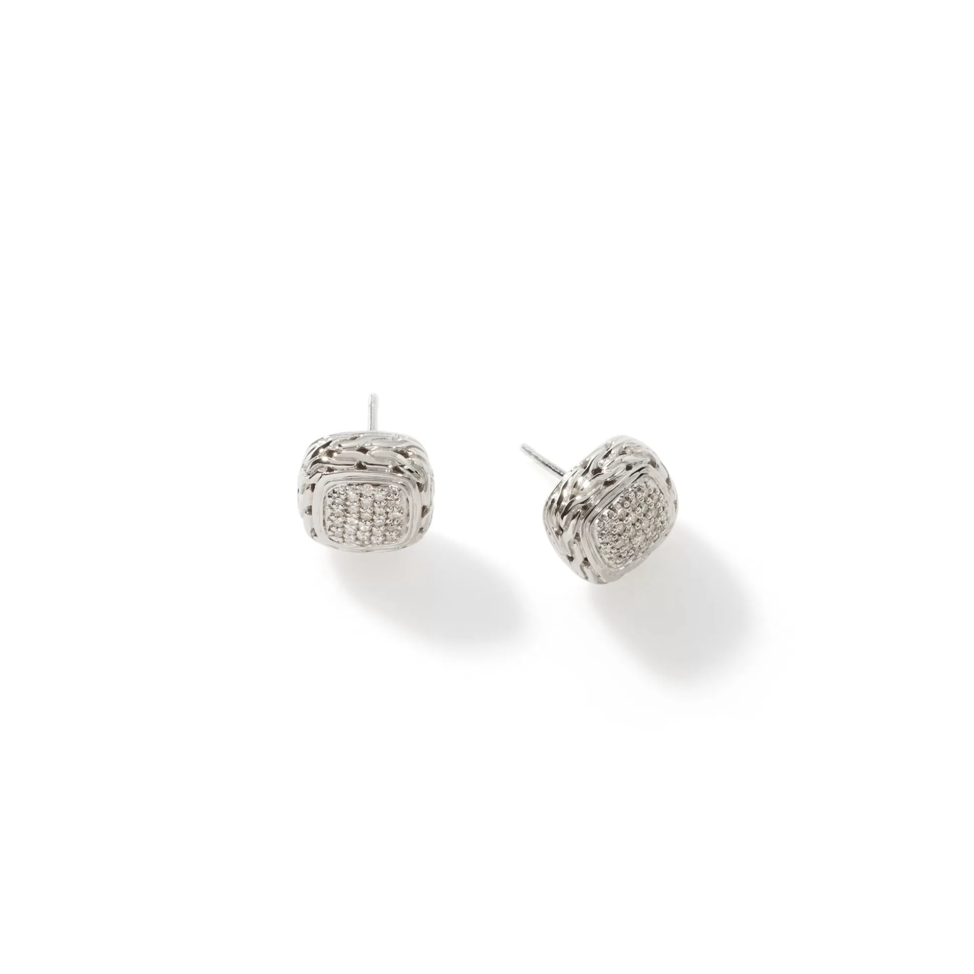 New John Hardy Carved Chain Stud Earrings, Silver, Diamonds