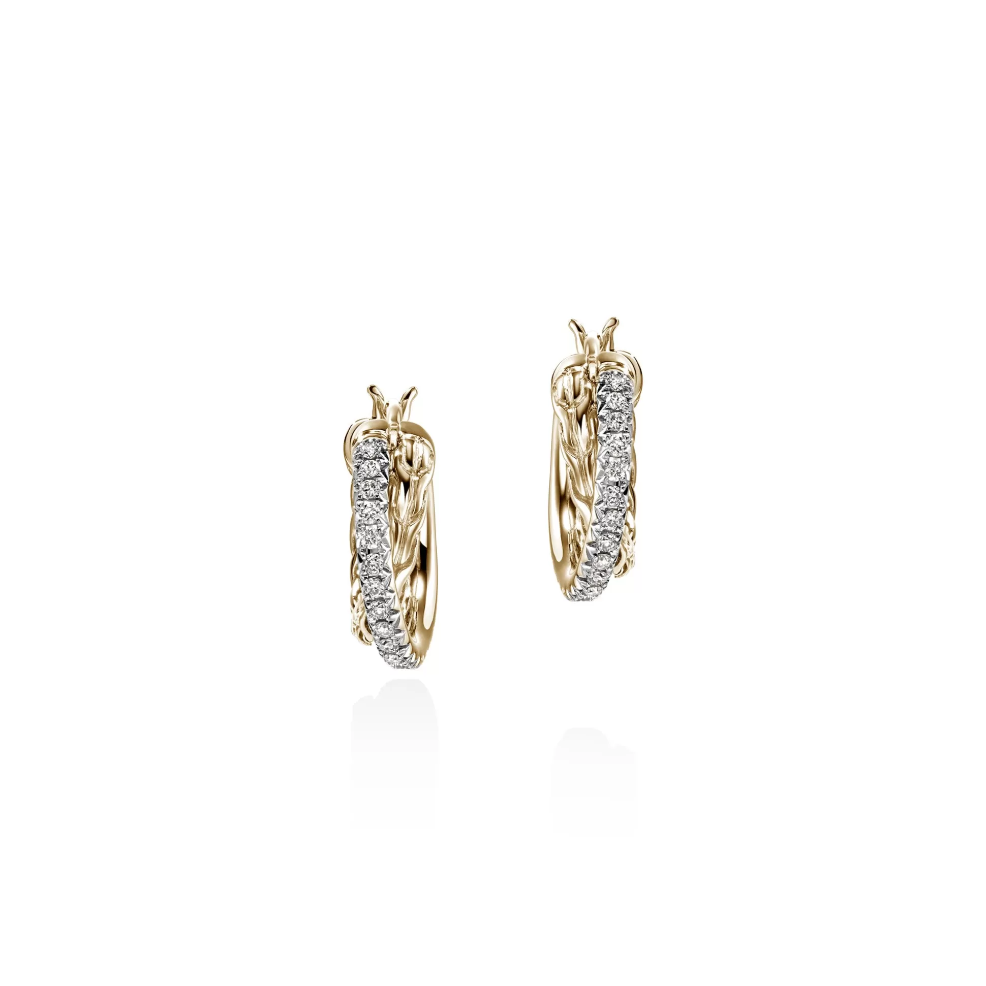 New John Hardy JH Essential Pavé Crossover Hoop Earring, Gold, Diamonds, 9.5MM