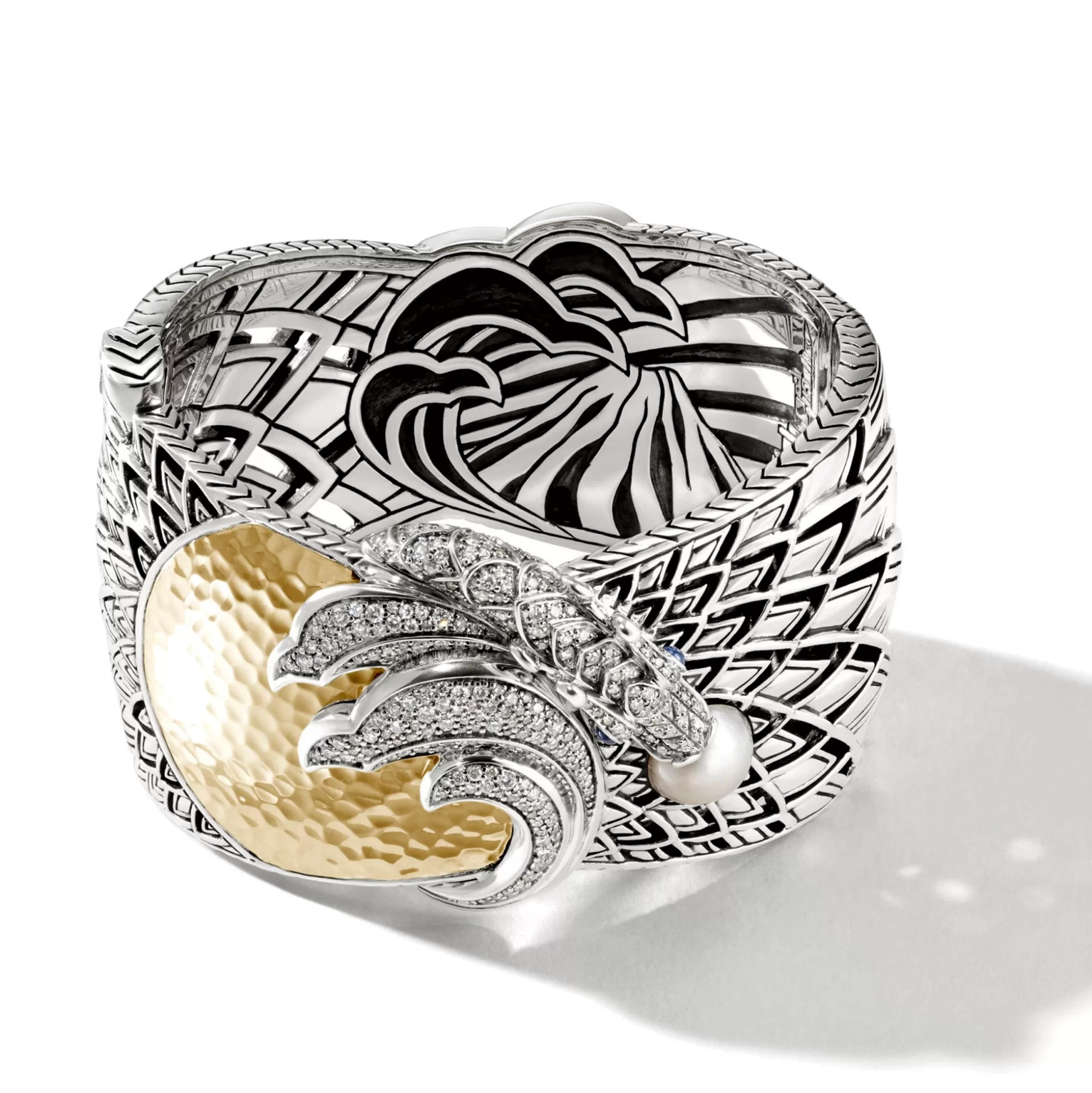 New John Hardy Naga Bangle, Silver, Gold, Diamonds, Pearl