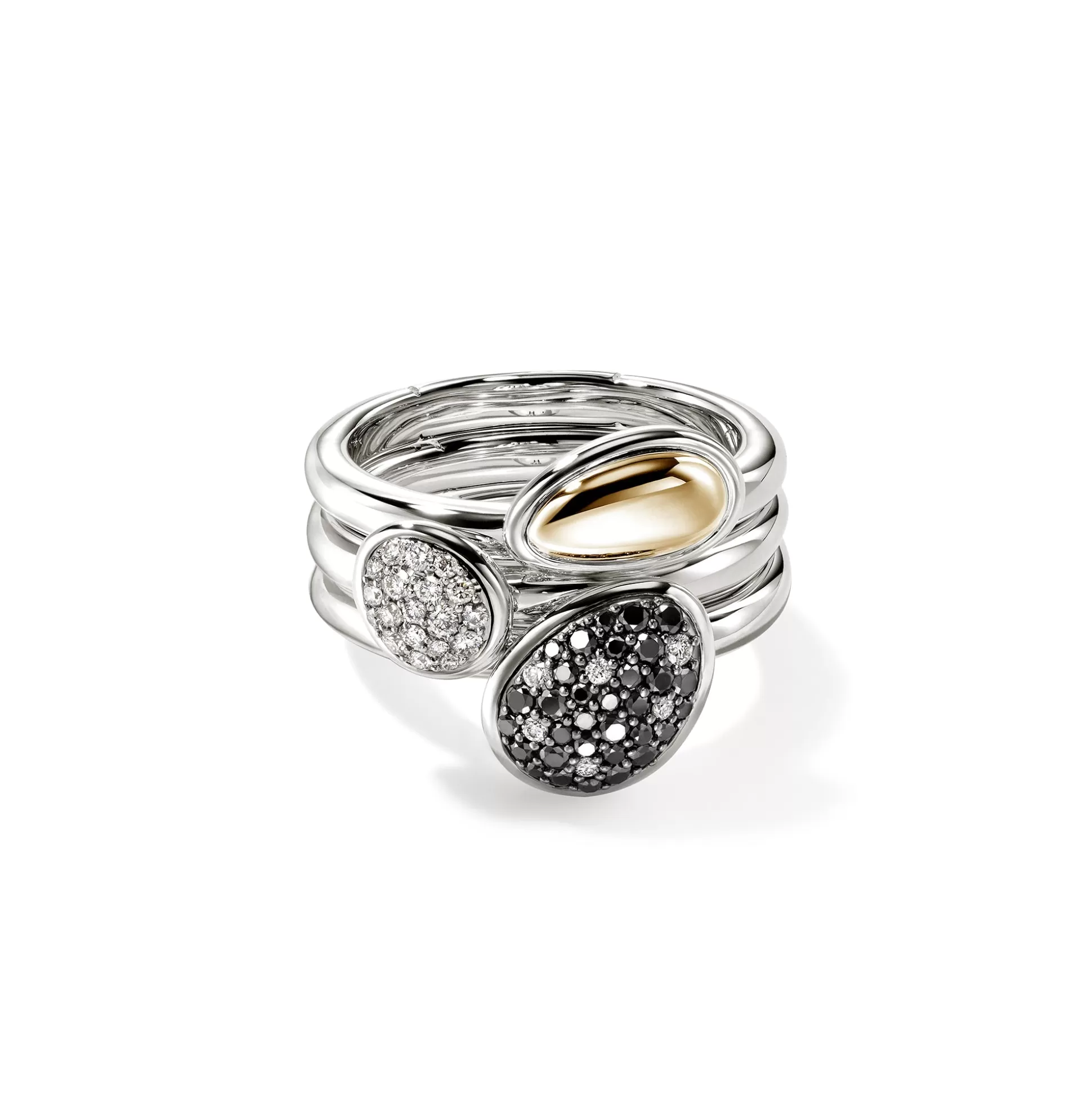 Hot John Hardy Pebble Stacking Rings, Sterling Silver, Gold, Black Sand Diamond Pavé